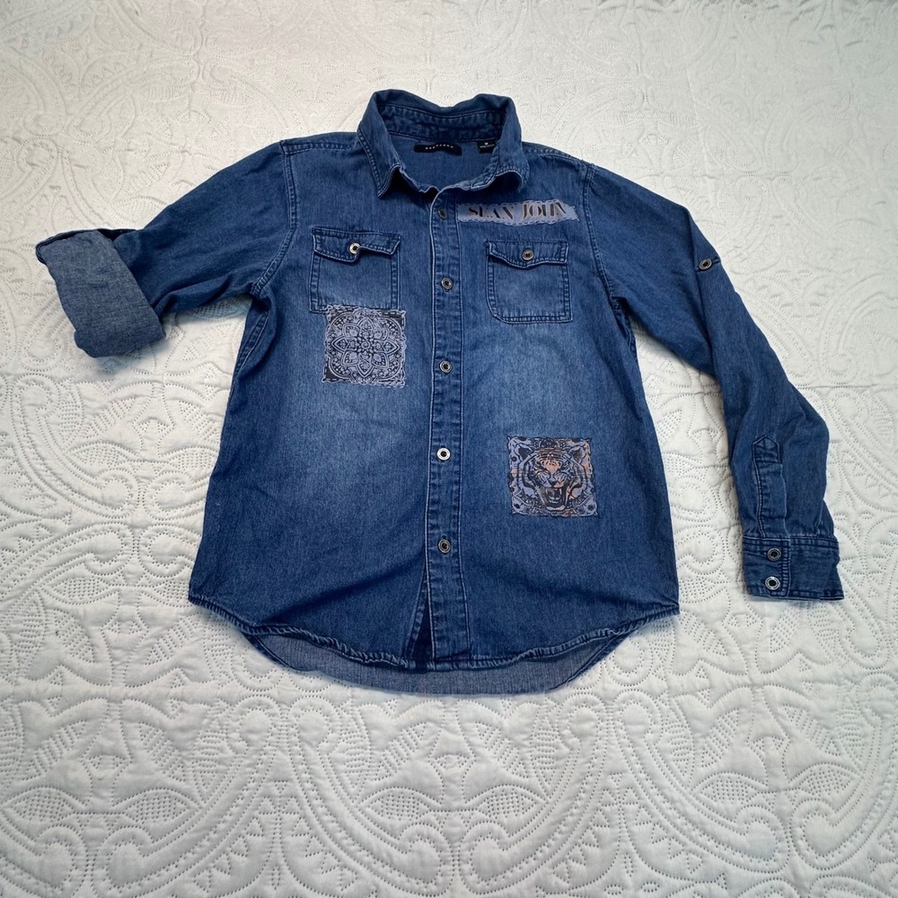 Sean John Mens Denim Button Down Shirt Medium Blue Tiger Mandala Graphic